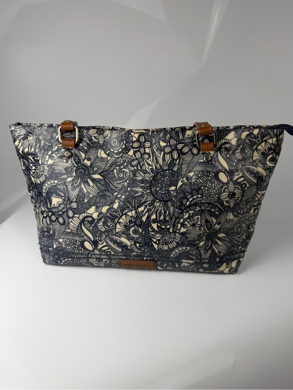Sakroots Floral Canvas Tote Bag Brown Leather Straps Zip Top - Picture 3 of 14